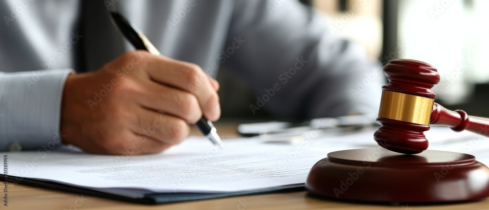 Hand signing legal document with a gavel in the background Hand signing legal document with a gavel in the background