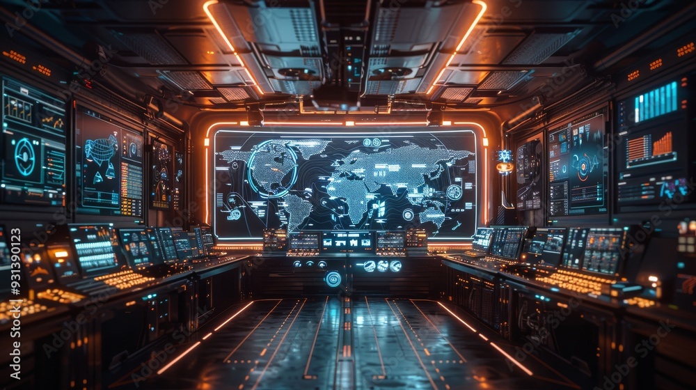 Fototapeta premium Futuristic Command Center with Global Interface