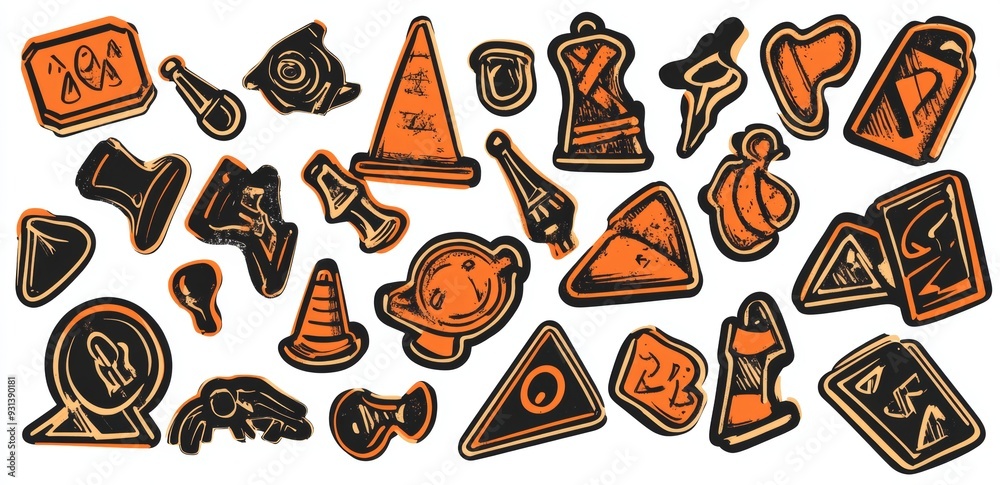 Hand drawn exclamation marks, alert caution signs. Danger information signs, stop signs. Modern illustration.