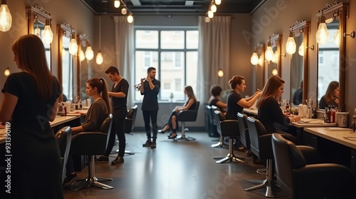 Chic Hair Salon Interior: Modern Styling Space with Clients and Warm Ambient Lighting