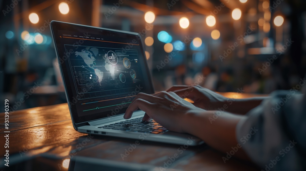 Analysis of Financial Business Marketing Strategies: Businessman Using Laptop with Lead Generation Icons on Virtual Screen Analysis of Financial Business Marketing Strategies: Businessman Using Laptop with Lead Generation Icons on Virtual Screen
