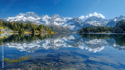 Pristine mountain lake reflecting snow-capped peaks,