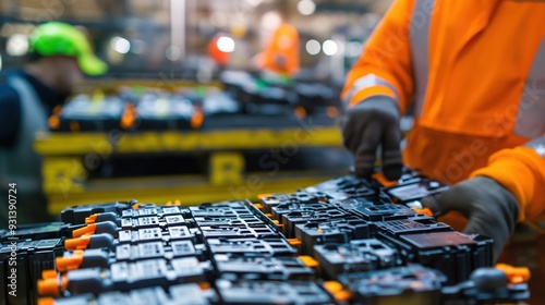 Sorting and Processing Used Car Batteries in Recycling Plant: Workers in Protective Gear Managing Battery Waste
