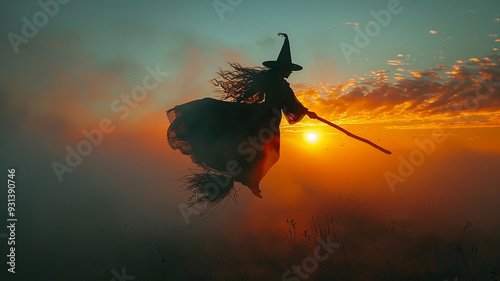 A silhouette of a witch flying on a broomstick. photo