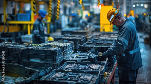 Sorting and Processing Used Car Batteries in Recycling Plant: Workers in Protective Gear Managing Battery Waste