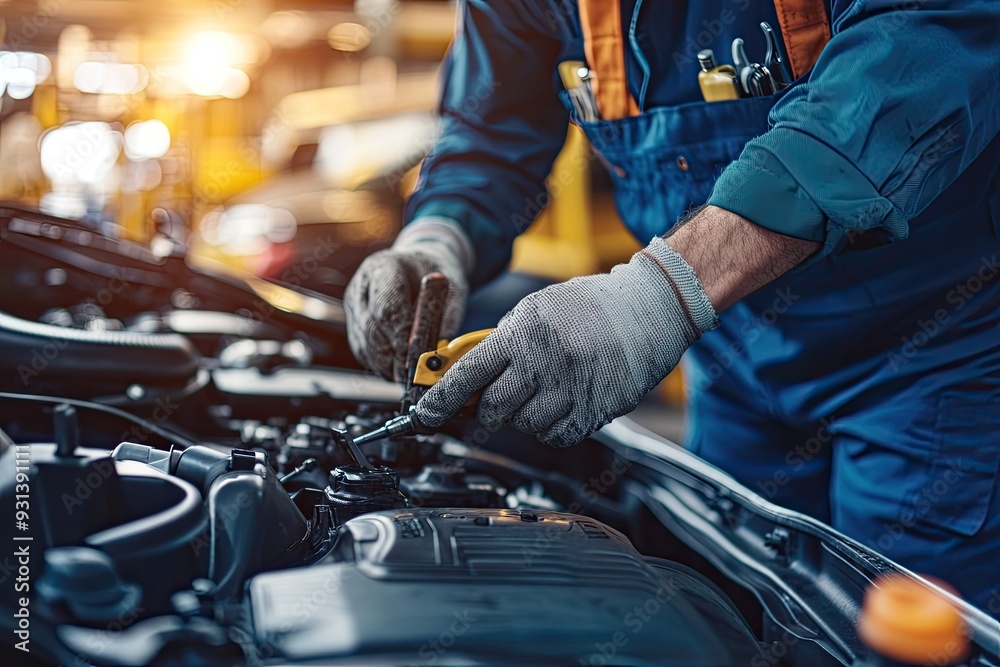 Auto mechanic working on car broken engine in mechanics service or garage. Transport maintenance wrench detial Auto mechanic working on car broken engine in mechanics service or garage. Transport maintenance wrench detial