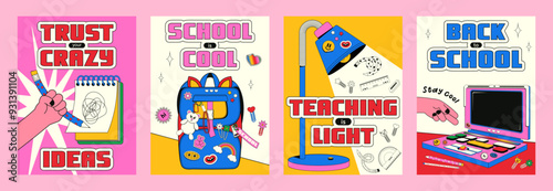 Set of trendy vertical cards with a back to school theme in retro style y2k. Vector illustration of a teenage school backpack, desk lamp, vintage laptop with various stickers.