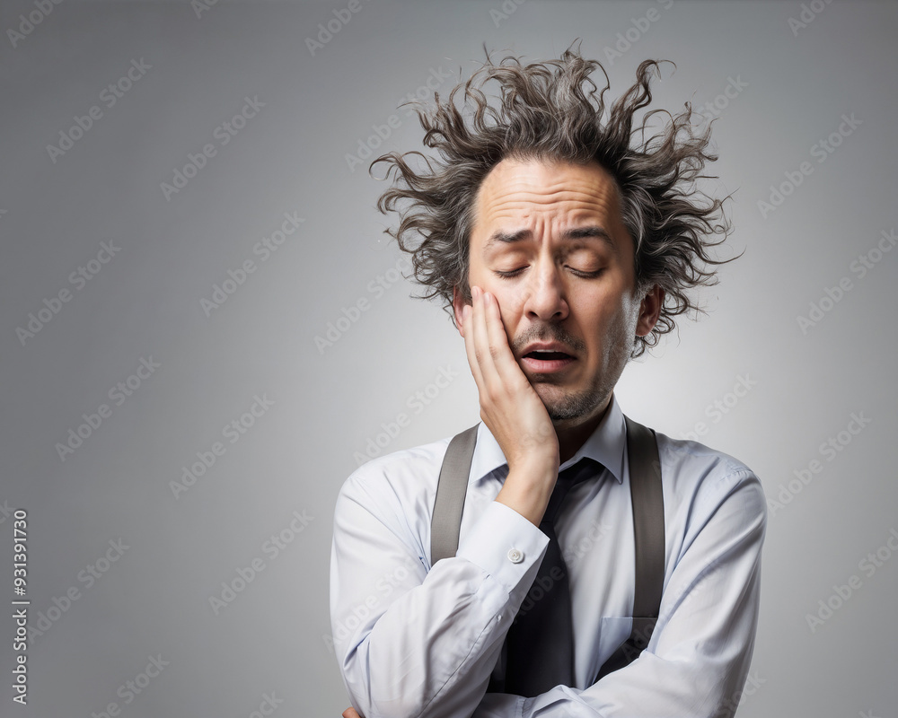 Office worker man with a toothache, touching his cheek, making a funny expression on an isolated white background with copy space Office worker man with a toothache, touching his cheek, making a funny expression on an isolated white background with copy space
