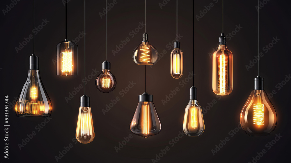 This vector illustration showcases a range of lamp lights and chandelier bulbs, from modern LED designs to vintage retro styles. Featuring realistic details and various materials such as glass, metal This vector illustration showcases a range of lamp lights and chandelier bulbs, from modern LED designs to vintage retro styles. Featuring realistic details and various materials such as glass, metal