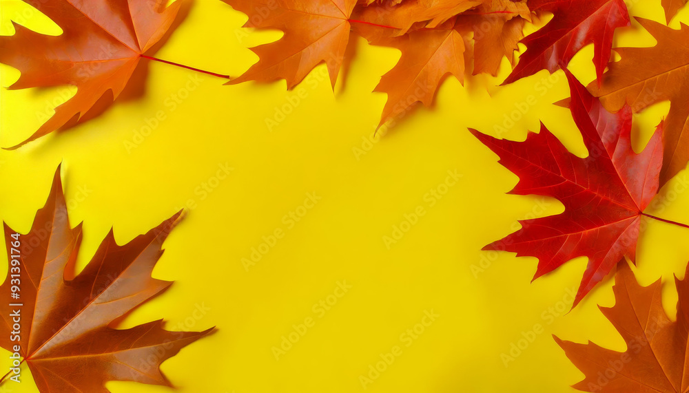 Fototapeta premium A photo-realistic image featuring autumn leaves in shades of orange, red, and brown arranged around the edges of a yellow background. The central area is left blank, ideal for adding text or custom 