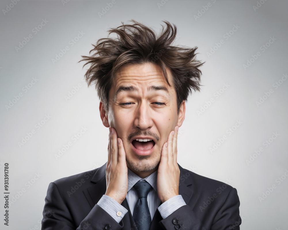 Office worker man with a toothache, touching his cheek, making a funny expression on an isolated white background with copy space Office worker man with a toothache, touching his cheek, making a funny expression on an isolated white background with copy space