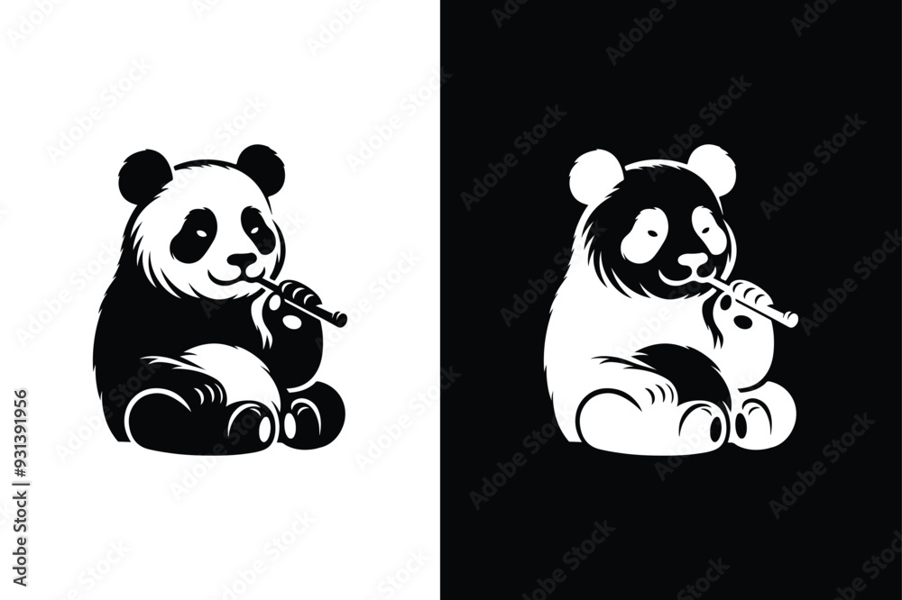 Panda bear with a bamboo. Cute and simple black and white panda animal icon silhouette Panda bear with a bamboo. Cute and simple black and white panda animal icon silhouette