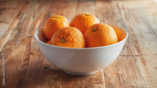 Sanguinelli oranges in a white bowl on wood surface photo