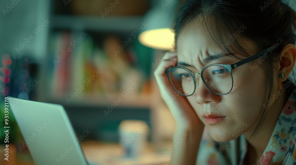 Exhausted Asian Young Businesswoman Working at Home Office, Massaging Nose from Dry Eyes Exhausted Asian Young Businesswoman Working at Home Office, Massaging Nose from Dry Eyes
