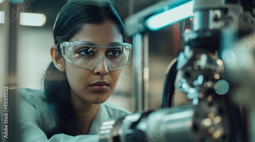 Indian Female Engineer Checking Robot Arm in Advanced Machine Factory Assembly Plant