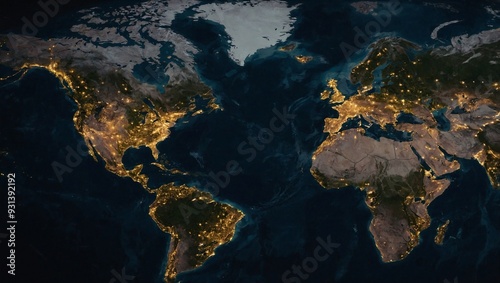 A world map with lights on the top