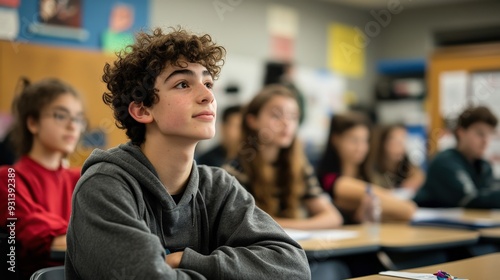 A student listens intently and prepares to answer a question amid classmates in an interactive classroom setting