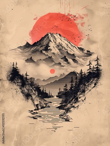 Abstract illustration of a mountain range beneath a bold red sun, featuring minimalist lines and a textured background.