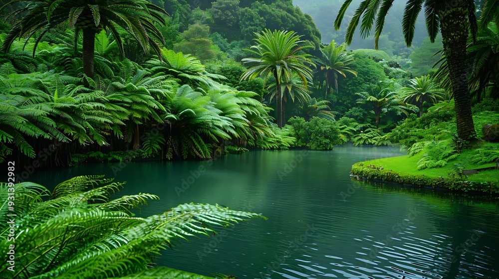 Green tropical palm trees with lush green foliage in a tropical garden with a small lake in the Portuguese Azores : Generative AI Green tropical palm trees with lush green foliage in a tropical garden with a small lake in the Portuguese Azores : Generative AI
