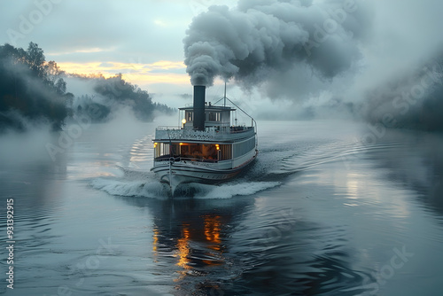 Vintage Steamboat Cruising on a Misty River at Sunrise or Sunset