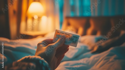 A close-up of a hand holding a lottery ticket, illuminated by the soft light of a bedside lamp, background blurred with muted tones of a modern bedroom, intimate and contemplative atmosphere, photo