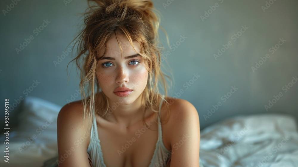 Woman sitting on the bed with disheveled hair and squinting eyes, recovering from a hangover Woman sitting on the bed with disheveled hair and squinting eyes, recovering from a hangover