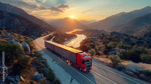 Winding Mountain Pass Convoy at Sunrise Aerial Landscape Scenic View