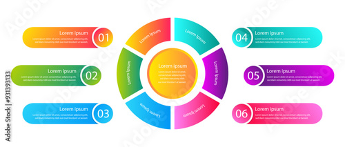 Infographic Colorful Circle Design with Six Sections. Cycle Diagram with 6 Options. Round Pie Chart for Data Visualization.