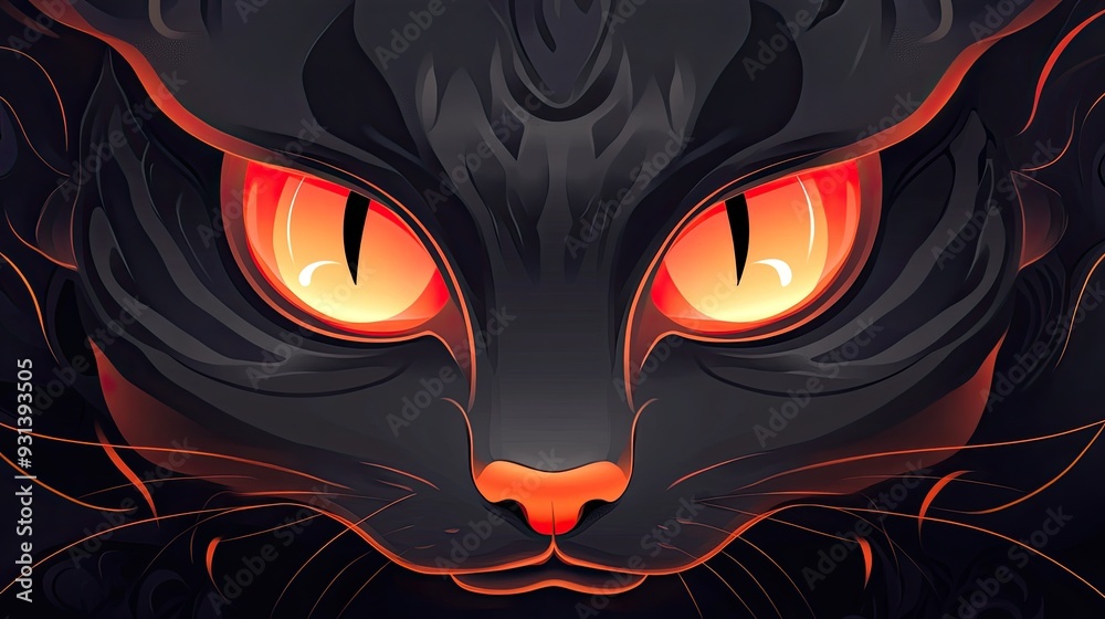 Close up of a black cat's face with glowing orange eyes, dark background. Close up of a black cat's face with glowing orange eyes, dark background.