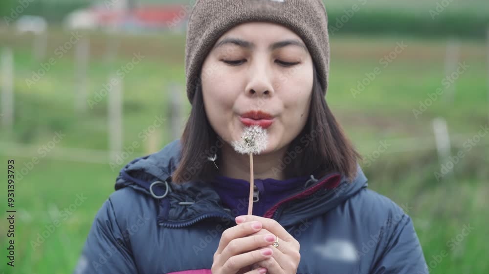 Asian woman blowing Dandelion flower seed splashing in the air Asian woman blowing Dandelion flower seed splashing in the air