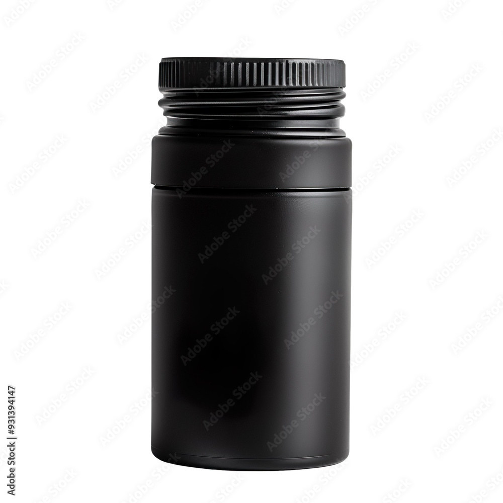 Front view of a black finishing powder bottle with no labels isolated on a white transparent background Front view of a black finishing powder bottle with no labels isolated on a white transparent background