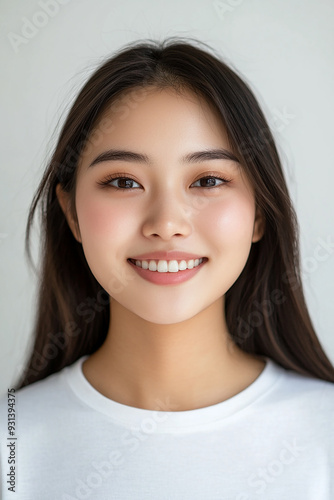 Asian woman positive smile on white background, beauty positive smile