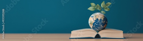 An open book with a globe and leaves symbolizes knowledge, nature, and sustainability in a creative learning environment.