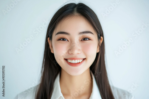 Asian woman positive smile on white background, beauty positive smile