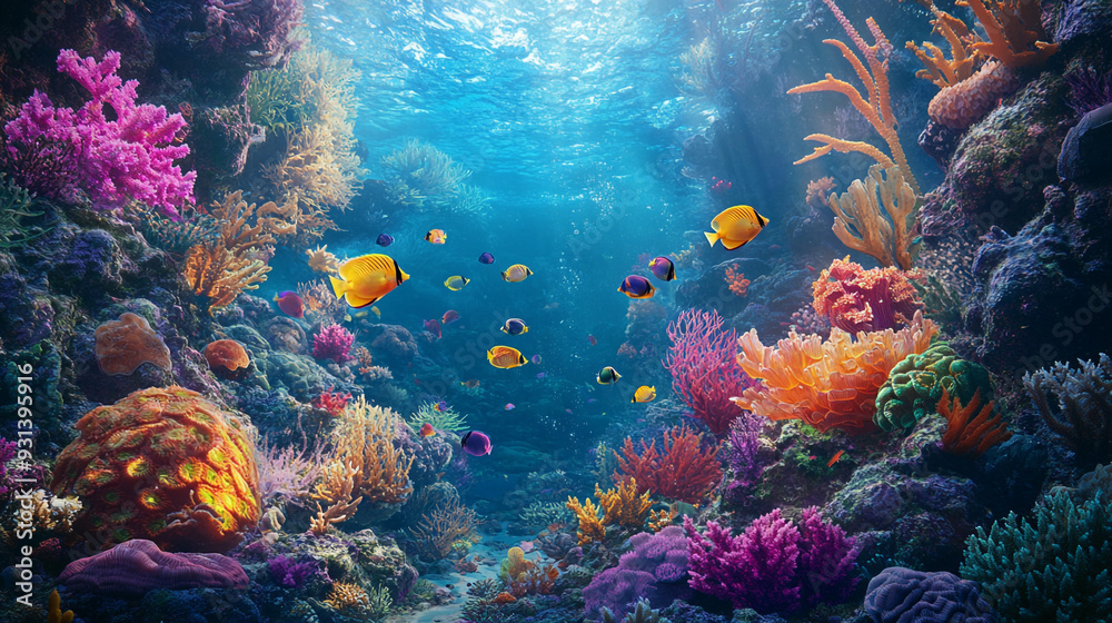 Naklejka premium Underwater view of a vibrant coral reef teeming with colorful fish in a tropical ocean, showcasing natural beauty and marine life