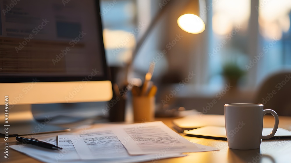A workspace with tax refund documents, a computer, and a coffee mug, warm light from a desk lamp, blurred background of a modern office environment, clean and orderly setup, diligent and professional A workspace with tax refund documents, a computer, and a coffee mug, warm light from a desk lamp, blurred background of a modern office environment, clean and orderly setup, diligent and professional