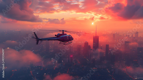 Aerial Helicopter View of Majestic City Skyline at Dramatic Sunset