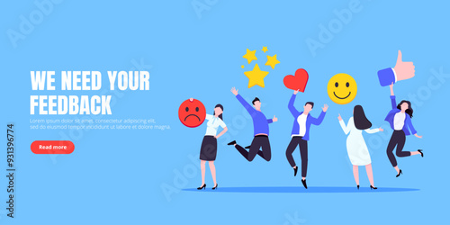 Employee feedback work satisfaction survey business concept flat vector illustration. Employee or customer feedback rating opinion with people and social icons - thumb, smile emoji, stars and heart.