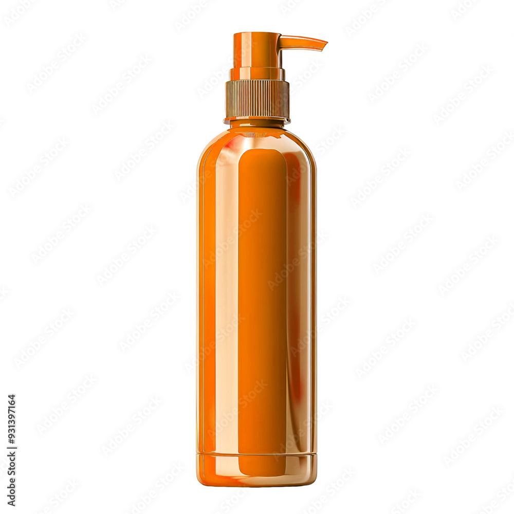 Front view of a orange sunscreen bottle with no labels isolated on a white transparent background