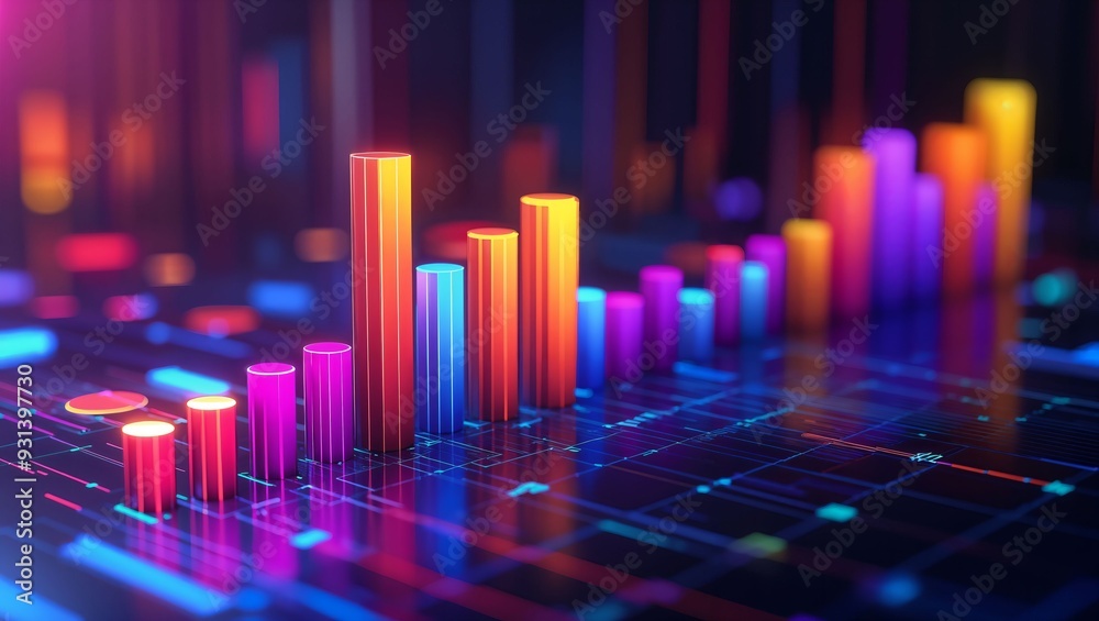 Explore the Enigmatic World of Data Through a Dazzling Display of Colors and Shapes, as Vibrant Bar Graphs Illuminate the Path to Insights in a High-Tech Environment.