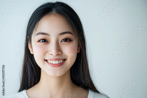 Asian woman positive smile on white background, beauty positive smile