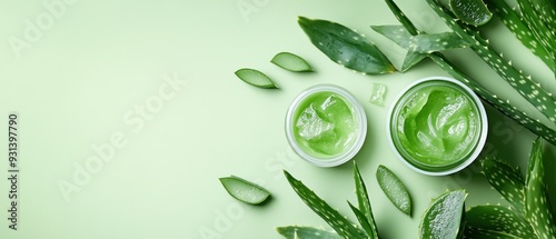 Wallpaper Mural Cut aloe vera leaves and cosmetic gel on light green background Torontodigital.ca