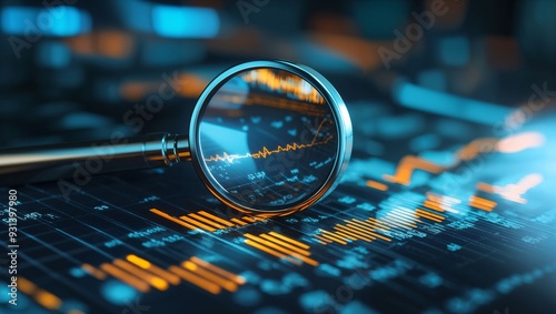 Exploring Data Insights: A Close-Up View of Financial Trends Through a Magnifying Glass on a Digital Display with Intricate Graphs and Vivid Colors