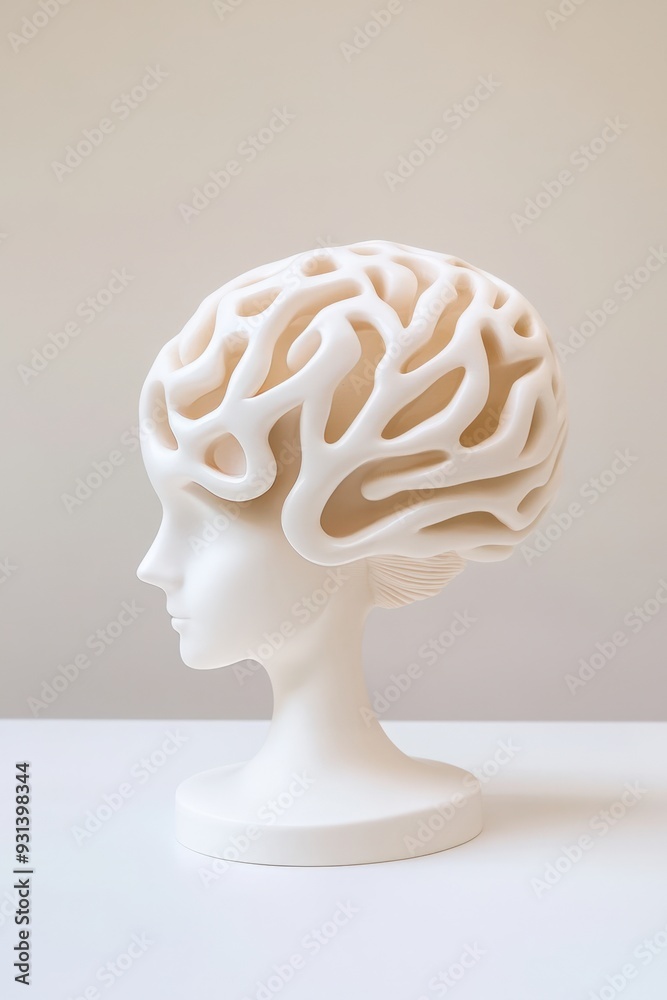 Artistic sculpture of a brain-inspired headpiece on a minimalist display Artistic sculpture of a brain-inspired headpiece on a minimalist display