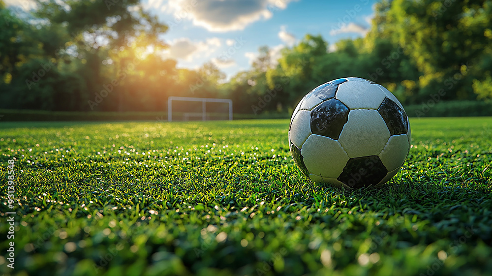 Fototapeta premium 3D rendering of a soccer ball positioned on a lush green field, goalposts in the background, symbolizing achieving business objectives.