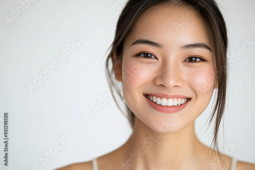 Asian woman positive smile on white background, beauty positive smile