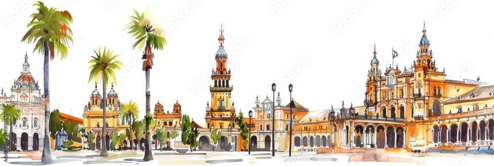 Obraz premium View of Seville, Plaza de España. Travel in Spain. Holidays in Andalusia. Horizontal banner, free space for text, watercolor illustration. Postcard from Sevilla. Tourism concept. Andalusian trip