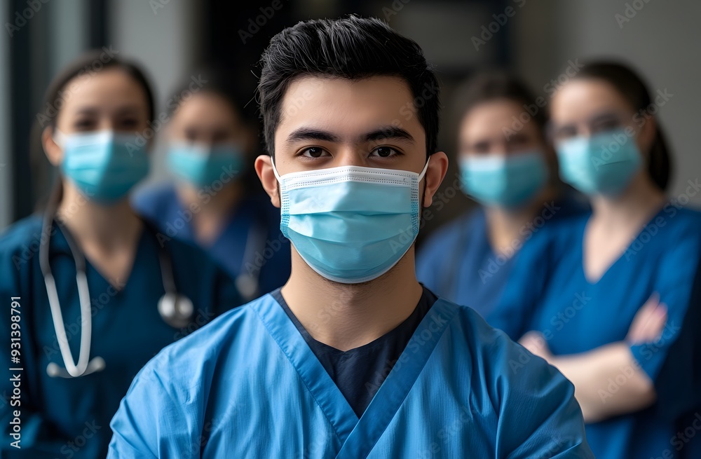 Confident multiethnic male nurse in front of his medical team looking at camera wearing face mask Confident multiethnic male nurse in front of his medical team looking at camera wearing face mask