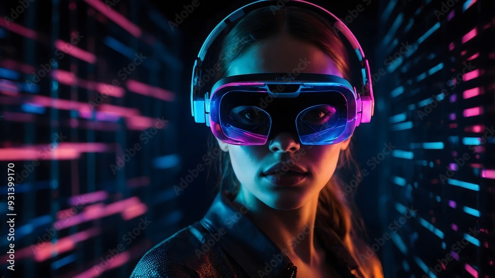 Metaverse and 3D simulation. Portrait of young woman in VR glasses creates mesh sphere. Dark background with neon abstracts. The concept of virtual reality and futurism