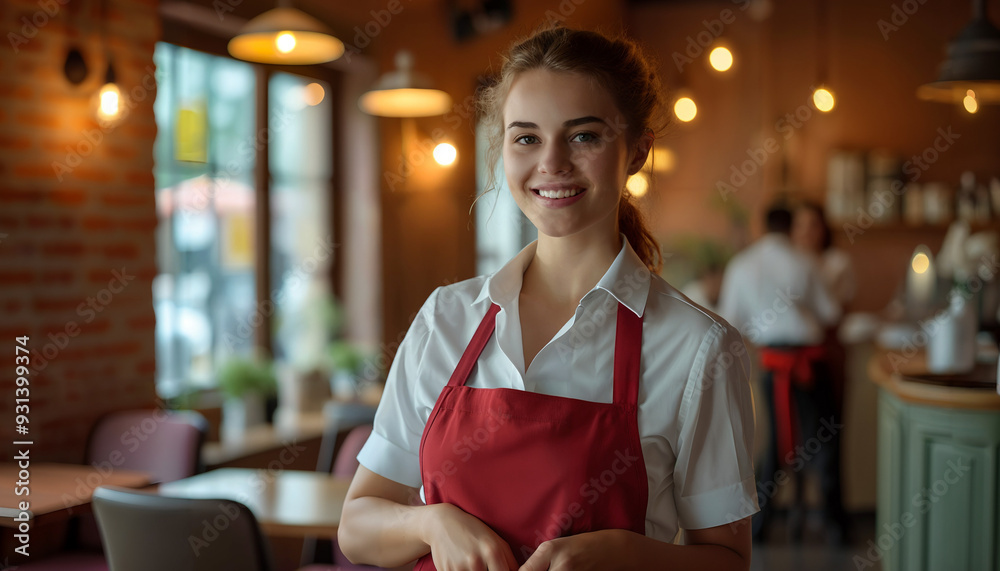 waitress woman in cafe , smiling and looking at the camera waitress woman in cafe , smiling and looking at the camera